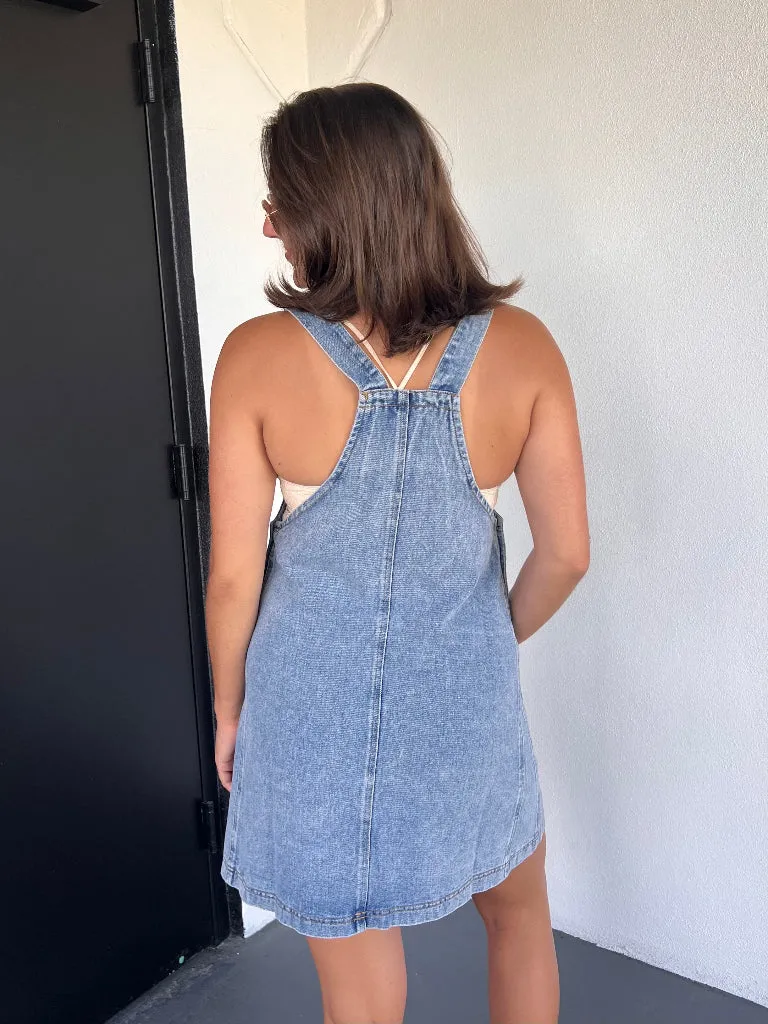 TRISTAN OVERALL MINI DRESS IN DENIM