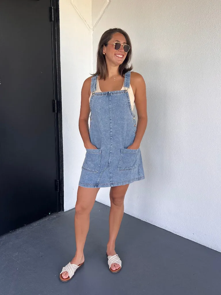 TRISTAN OVERALL MINI DRESS IN DENIM