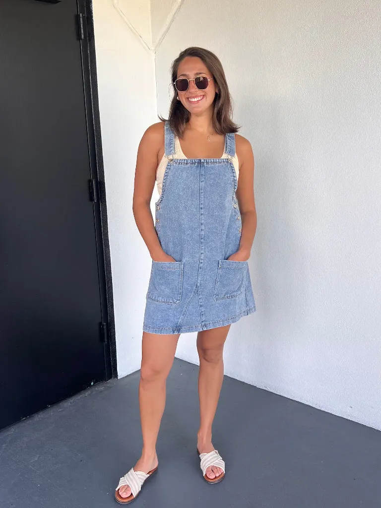 TRISTAN OVERALL MINI DRESS IN DENIM