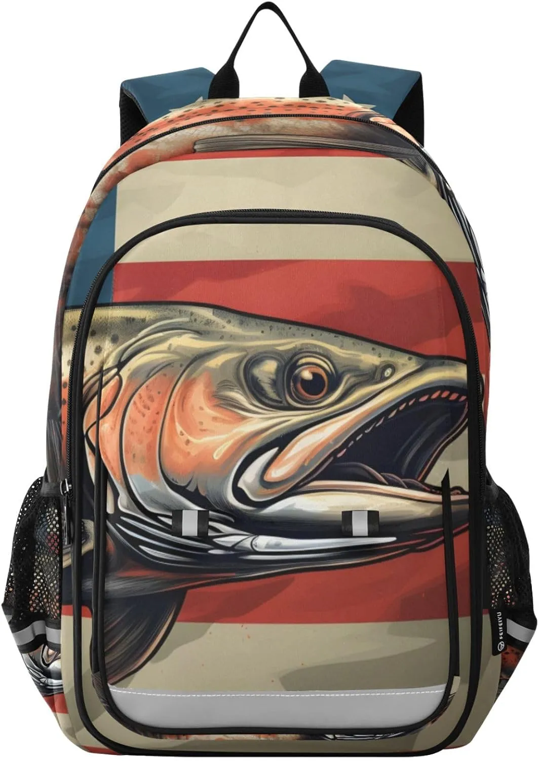 Trout American Flag Retro Backpack Travel Laptop Daypack Shoulder Bag Book Bag Daypack with Reflective Strip 12.9 ×17.7 In