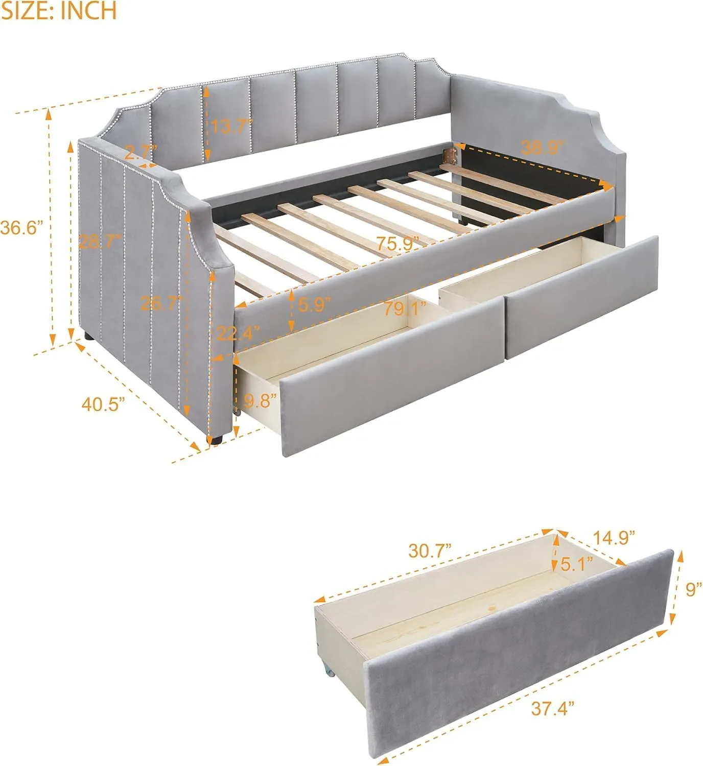 Tufted Daybed with Storage Drawers, Twin Size Upholstered Daybed with Drawers, Velvet Sofa Couch Bed Grey(Grey B,Twin)