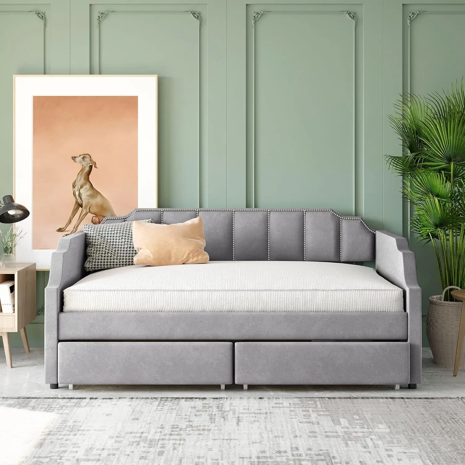 Tufted Daybed with Storage Drawers, Twin Size Upholstered Daybed with Drawers, Velvet Sofa Couch Bed Grey(Grey B,Twin)