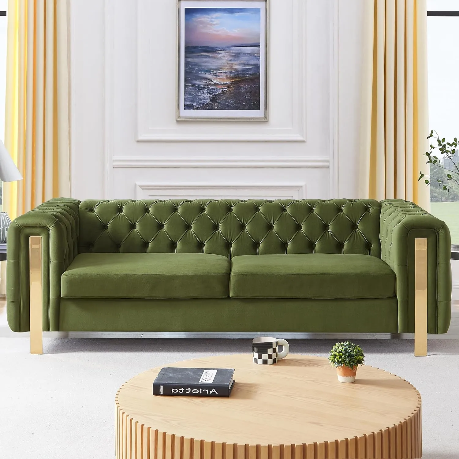 Tufted Velvet Sofa Couch for Living Room, Tuxedo Arm 3-Seater Sofa Couch with Golden Legs, Upholstered Chesterfield Sofa Apartment, Office, Studio Green