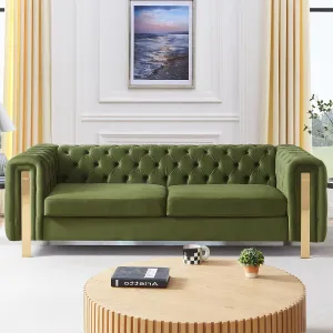 Tufted Velvet Sofa Couch for Living Room, Tuxedo Arm 3-Seater Sofa Couch with Golden Legs, Upholstered Chesterfield Sofa Apartment, Office, Studio Green