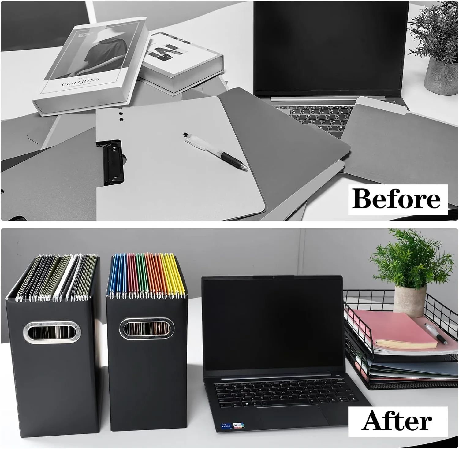 Tunnkit File Organizer, Cardboard File Box for Letter Size Hanging File Folder Storage, Collapsible Hanging File Organizer with Handles for Office/Home/School, Black, 8 Packs