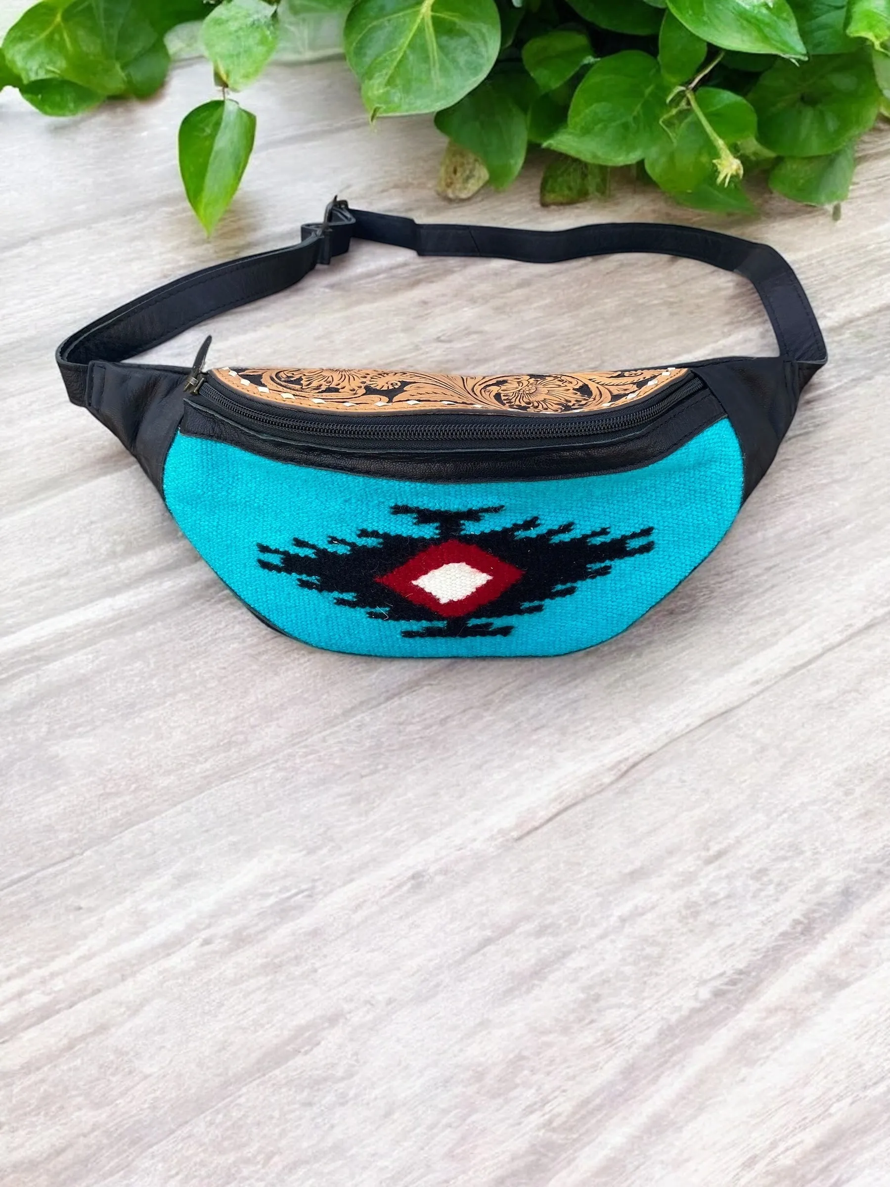 Turquoise Aztec Saddle & Tooled Leather Fanny Pack