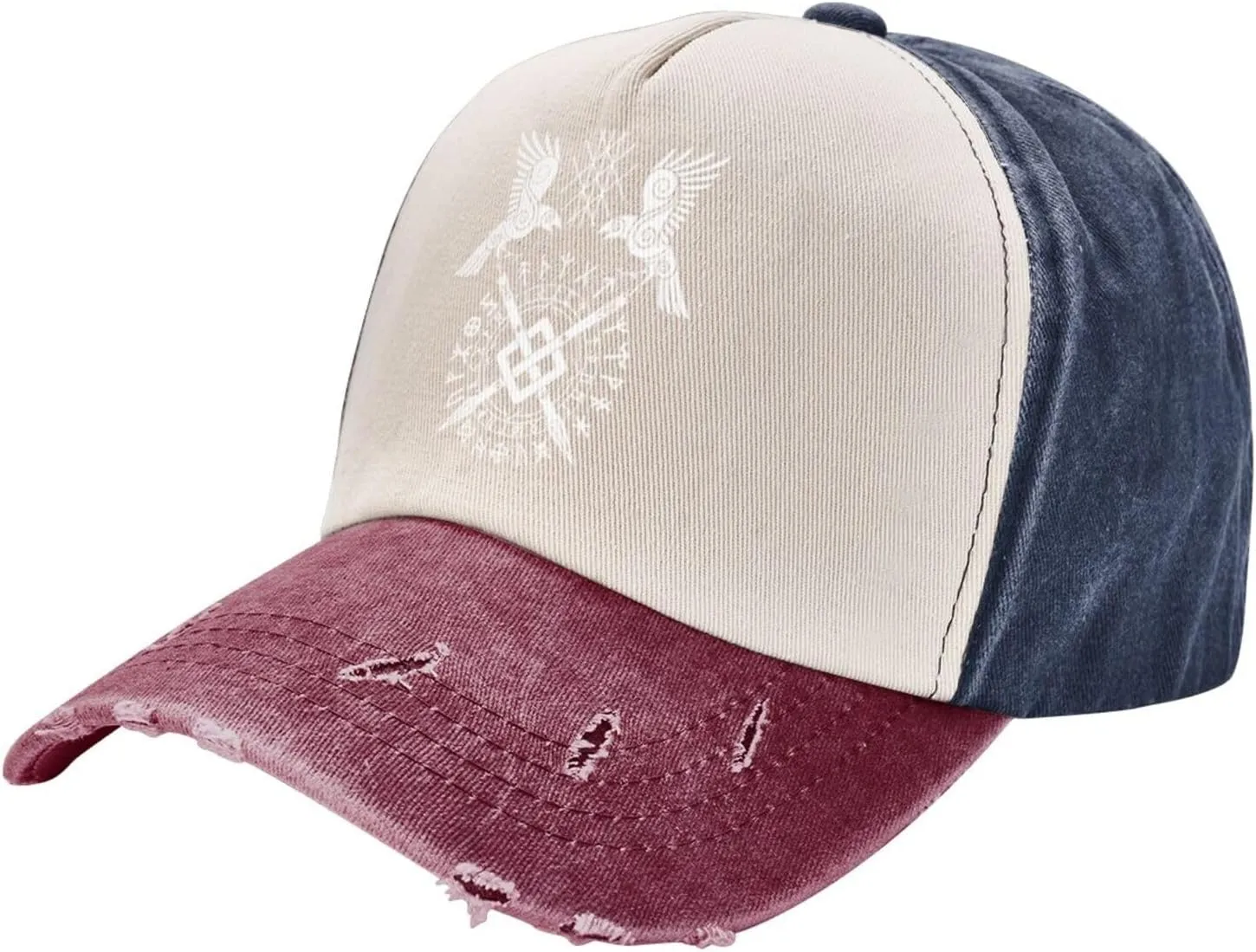 Twin Ravens of Odin Norse Pagan Symbol Baseball Caps for Men Or Women Washed Denim Cowboy Trucker Hat Dark Red
