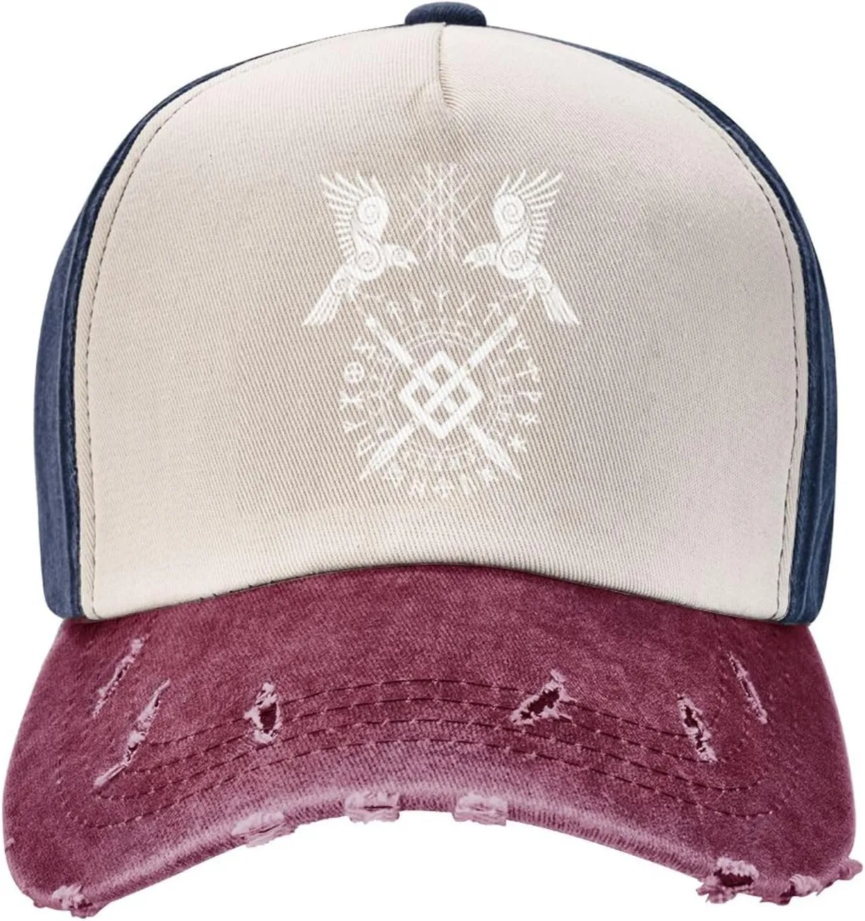 Twin Ravens of Odin Norse Pagan Symbol Baseball Caps for Men Or Women Washed Denim Cowboy Trucker Hat Dark Red