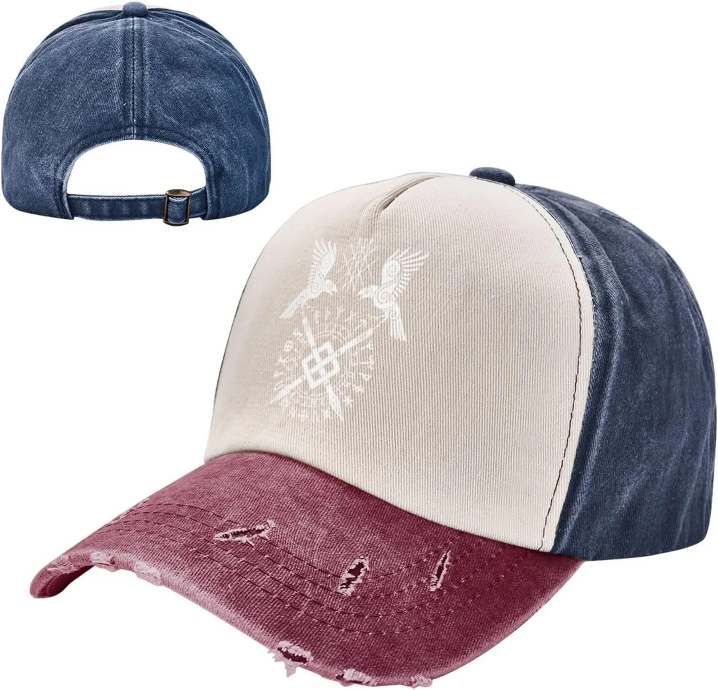 Twin Ravens of Odin Norse Pagan Symbol Baseball Caps for Men Or Women Washed Denim Cowboy Trucker Hat Dark Red