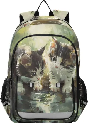 Two Kittens Reflected Pond Backpack Travel Laptop Daypack Shoulder Bag Book Bag Daypack with Reflective Strip 12.9 ×17.7 In