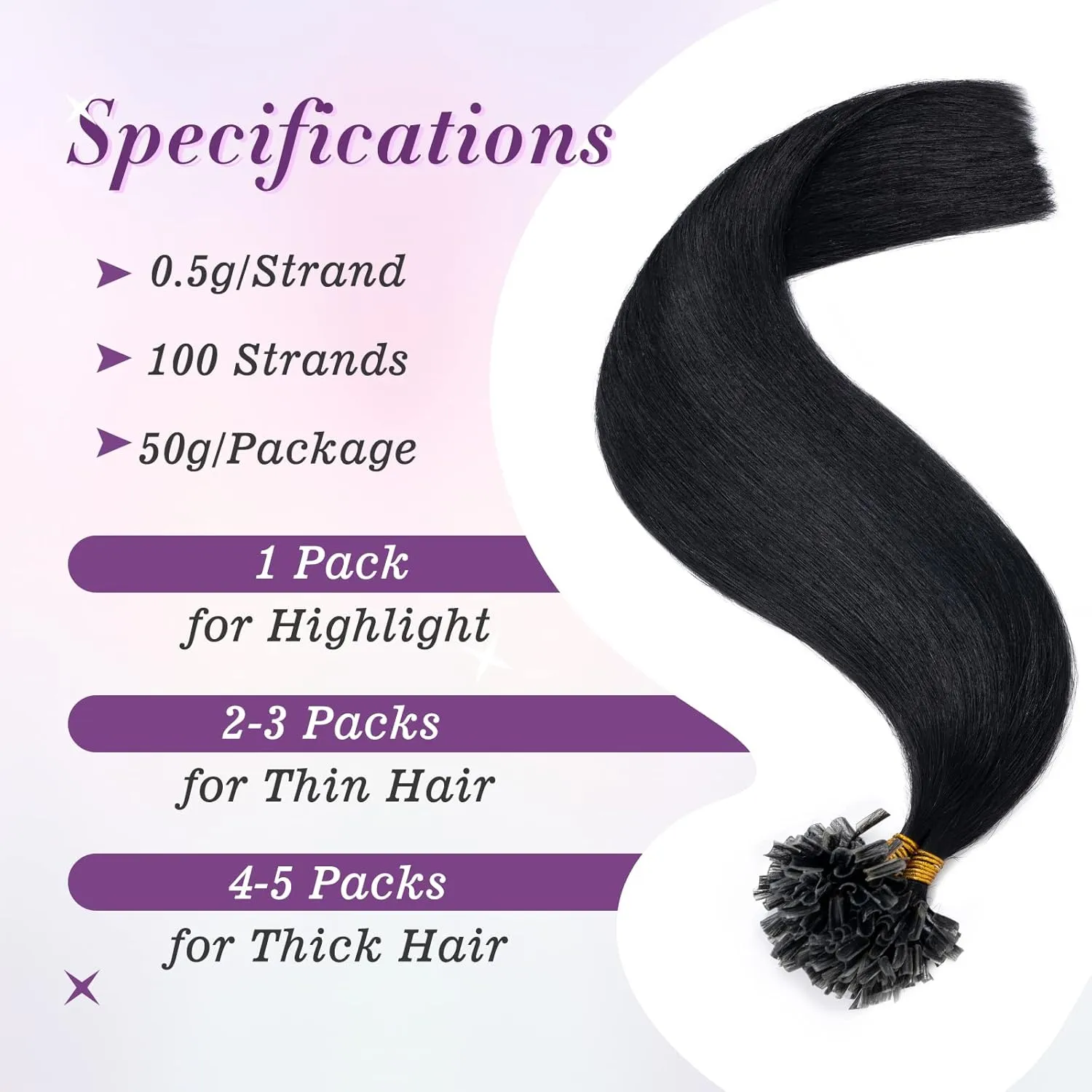 U Tip Hair Extensions Real Human Hair Pre Bonded Hair Extensions Keratin U Tip Hot Fusion Human Hair Extensions Jet Black U Tips Remy Hair Straight Silky, 20 Inch 100 Strands 50g #01