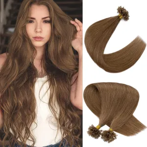 U Tip Hair Extensions - Real Human Hair Pre-Bonded Keratin Hot Fusion Extensions - Light Brown Remy Straight Silky Hair, 20 Inch 100 Strands 50g #06