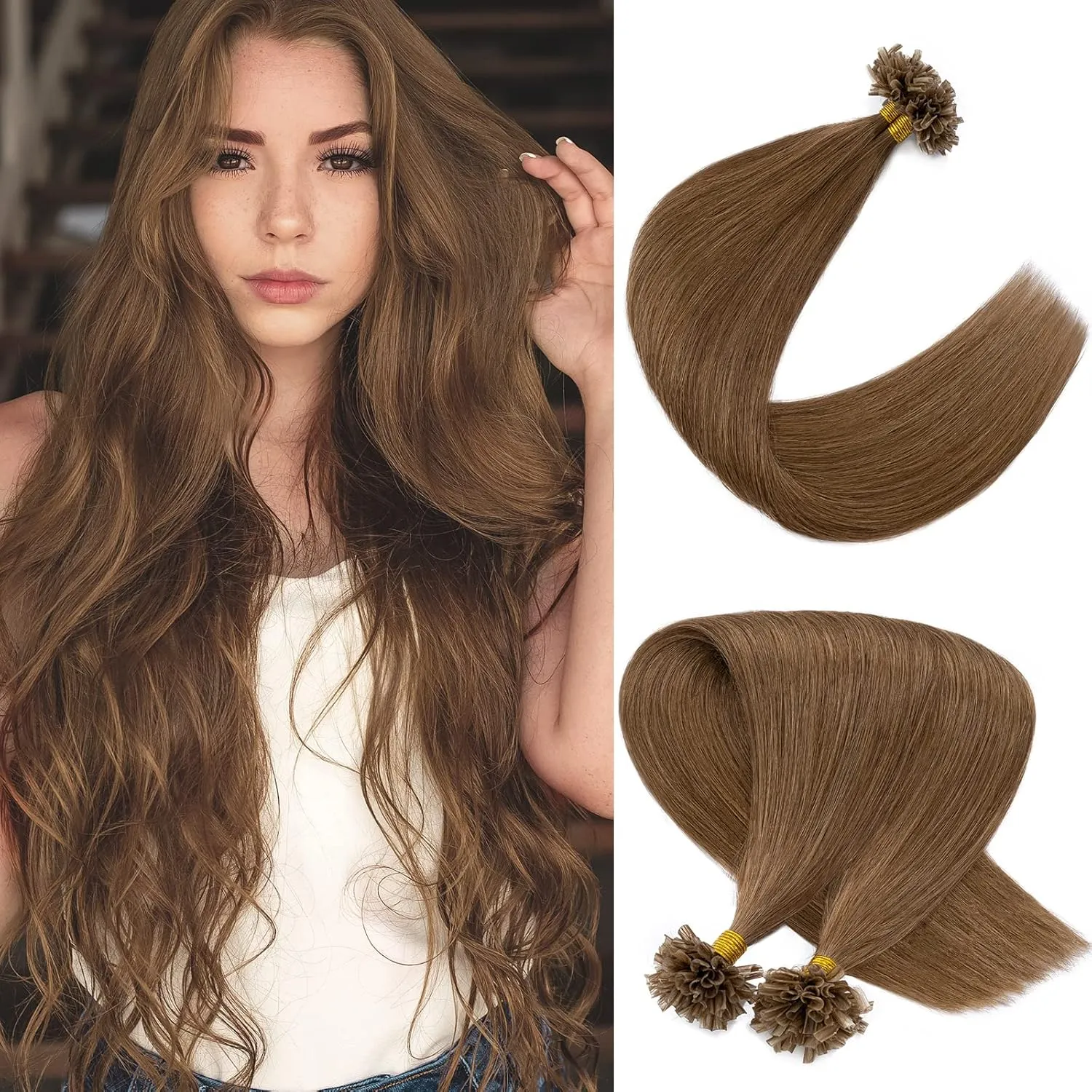 U Tip Hair Extensions - Real Human Hair Pre-Bonded Keratin Hot Fusion Extensions - Light Brown Remy Straight Silky Hair, 20 Inch 100 Strands 50g #06