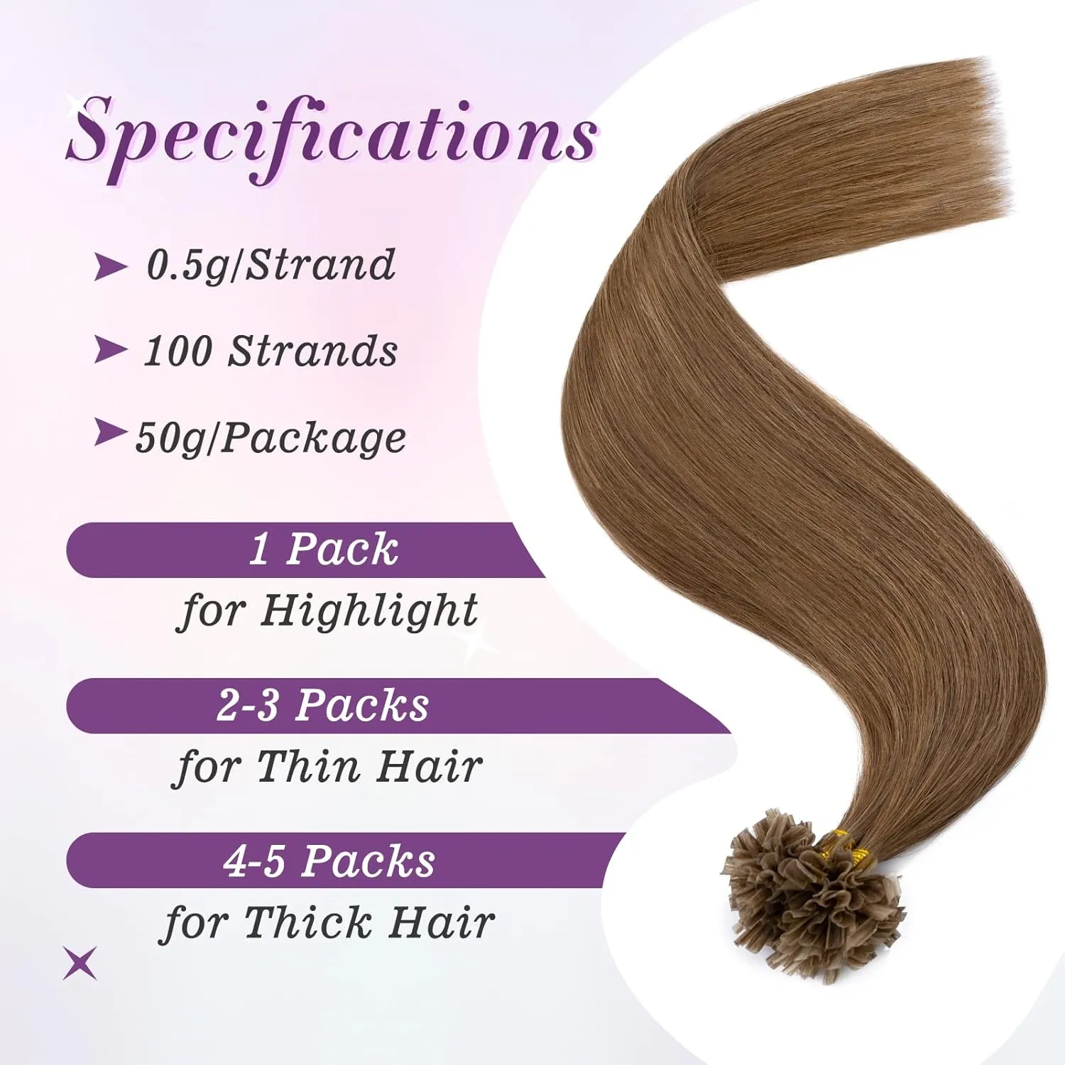 U Tip Hair Extensions - Real Human Hair Pre-Bonded Keratin Hot Fusion Extensions - Light Brown Remy Straight Silky Hair, 20 Inch 100 Strands 50g #06