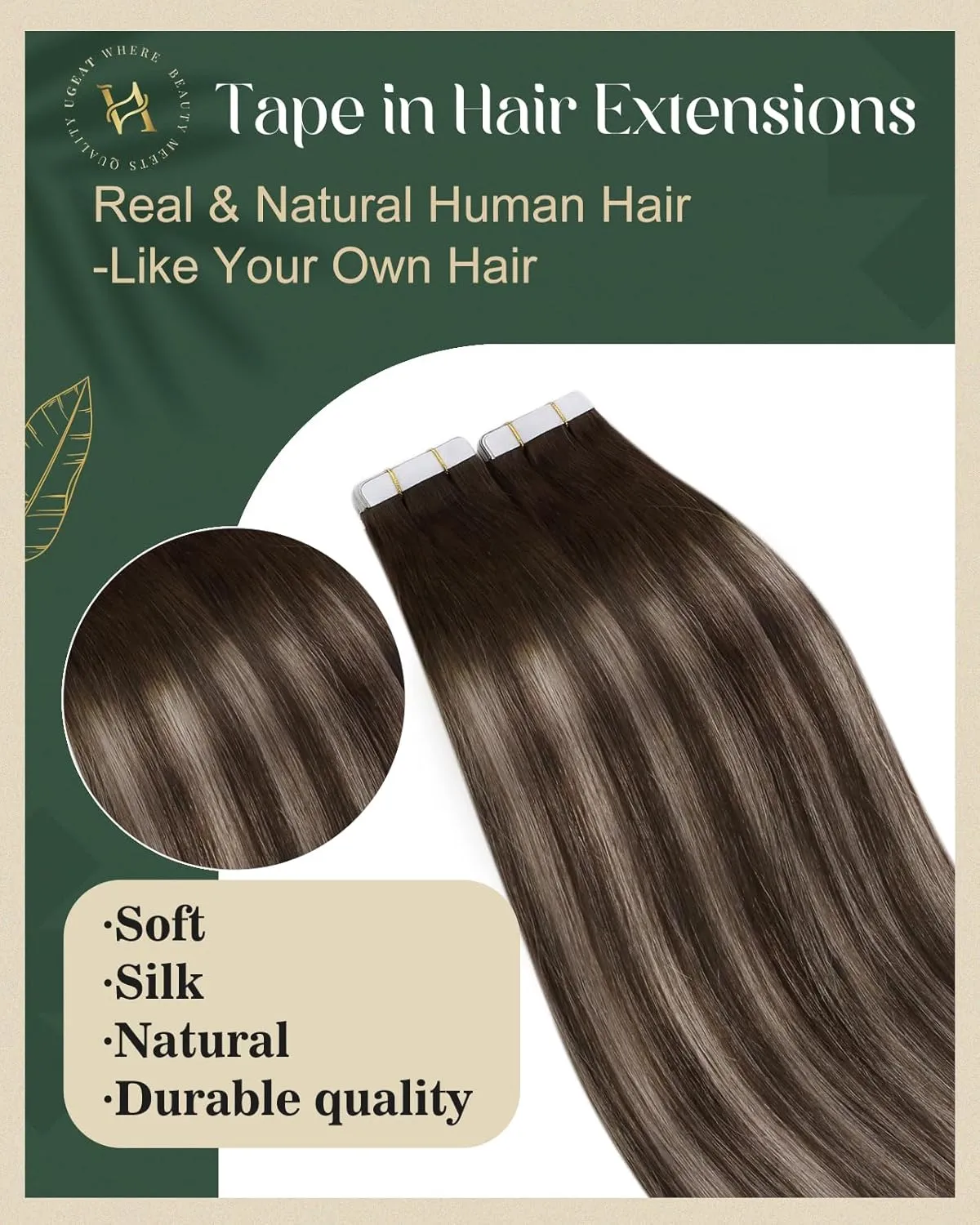 Ugeat Balayage Tape in Human Hair Extensions Dark Brown Mix Ash Brown Ombre Seamless Tape in Human Hair Extensions for Women Short Hairstyles 12 Inch 20Pcs 30G