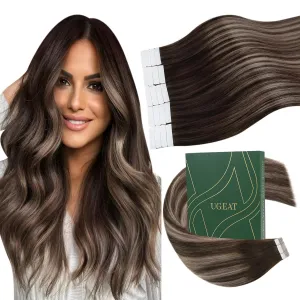 Ugeat Balayage Tape in Human Hair Extensions Dark Brown Mix Ash Brown Ombre Seamless Tape in Human Hair Extensions for Women Short Hairstyles 12 Inch 20Pcs 30G