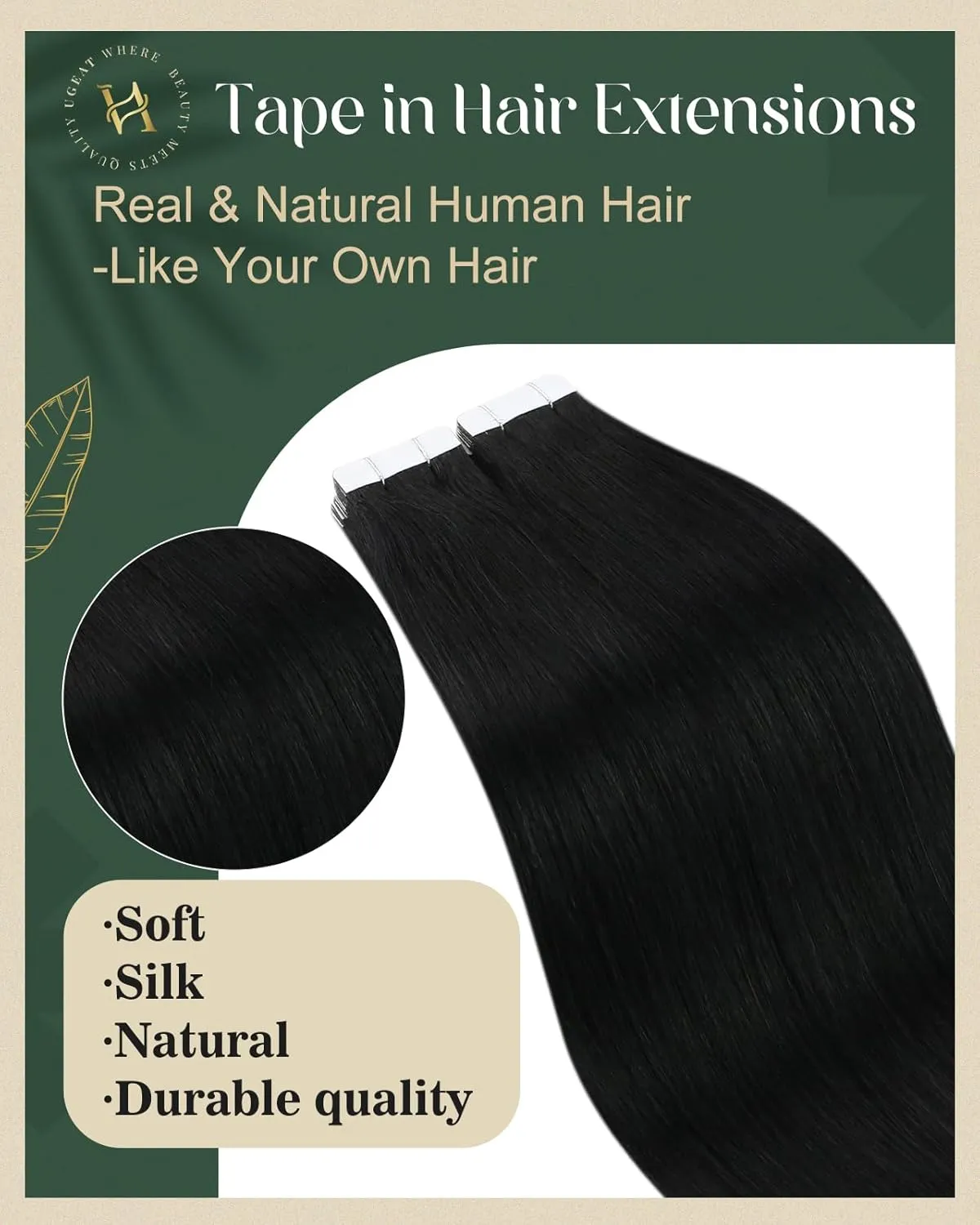Ugeat Black Tape in Human Hair Extensions Jet Black Tape in Extensions Human Hair for Short 12 Inch Add Volume Easy to Apply for Daily 20Pcs 30G