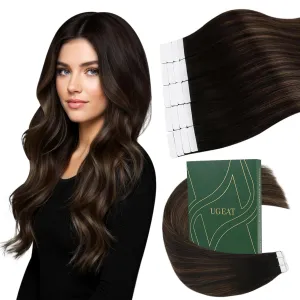 Ugeat Tape in Hair Extensions Human Hair Ombre Dark Brown Mix Medium Brown Tape in Real Human Hair Extensions Balayage Short Hairstyles for Women Daily Use 12 Inch 30G 20Pcs