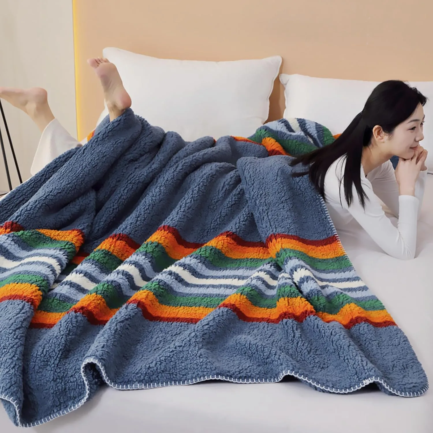 UKELER Boho Sherpa Fleece Blanket 80'' × 90'', Ultra Soft Aztec Queen Blanket for All Season, Cozy, Plush, Bohemian Throw Blanket for Bed/Couch/Sofa/Office/Camping