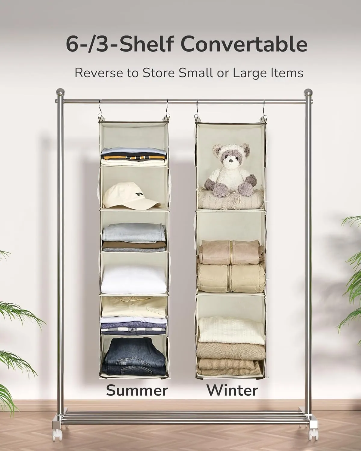 ULG 1 PC Hanging Closet Organizer, 3-in-1 to 6-in-1 Reversible Cloth Hanging Shelves with 6 Side Pockets & 2 Removable Drawers for Wardrobe Clothes Sweater Storage, Foldable, Ivory