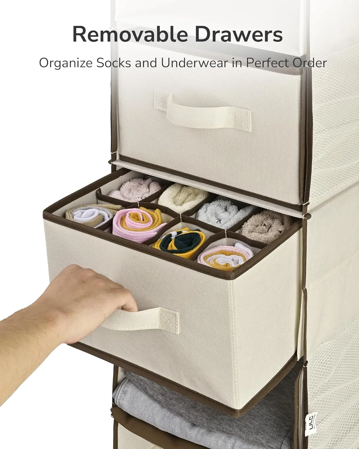ULG 1 PC Hanging Closet Organizer, 3-in-1 to 6-in-1 Reversible Cloth Hanging Shelves with 6 Side Pockets & 2 Removable Drawers for Wardrobe Clothes Sweater Storage, Foldable, Ivory