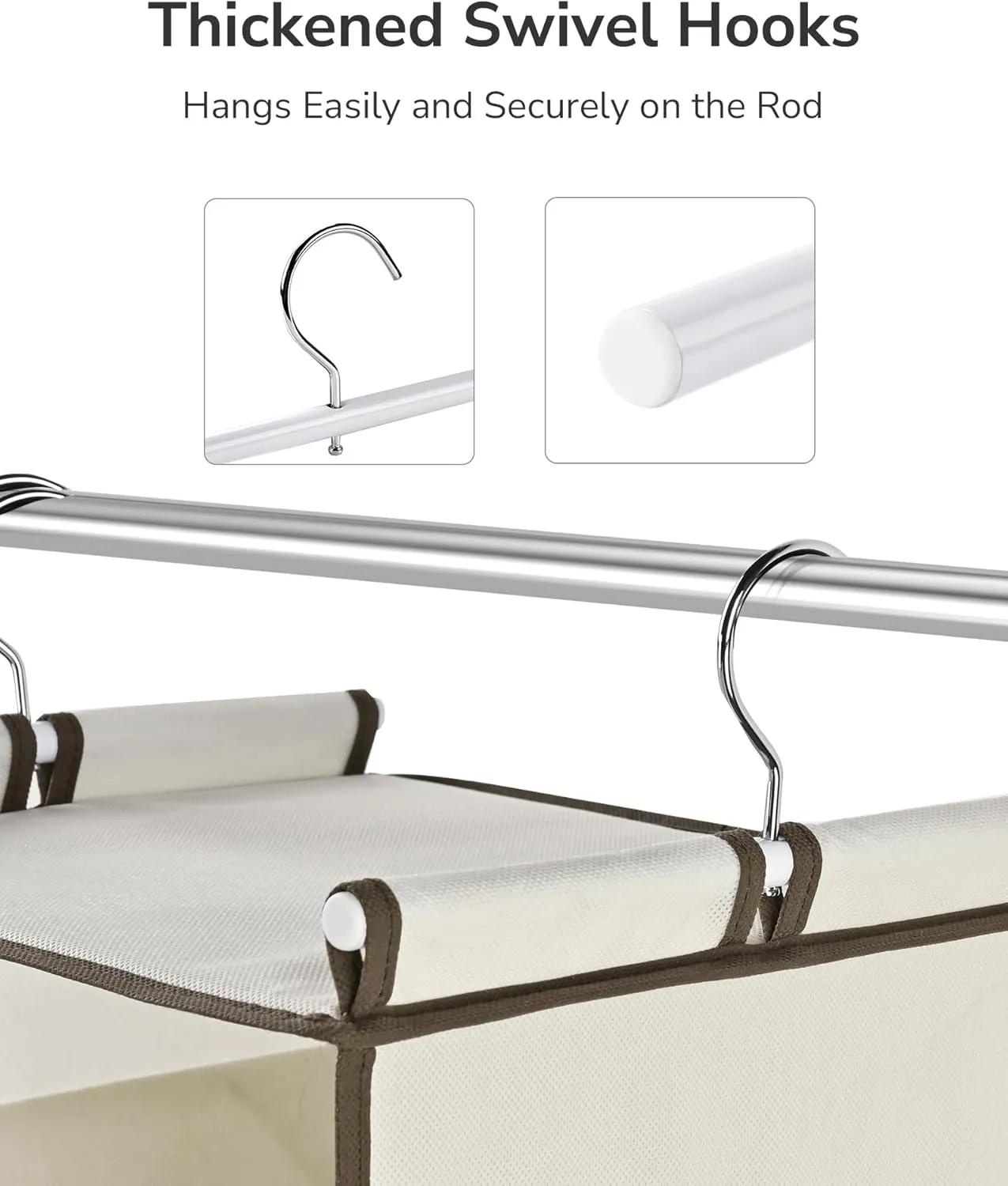 ULG 1 PC Hanging Closet Organizer, 3-in-1 to 6-in-1 Reversible Cloth Hanging Shelves with 6 Side Pockets & 2 Removable Drawers for Wardrobe Clothes Sweater Storage, Foldable, Ivory