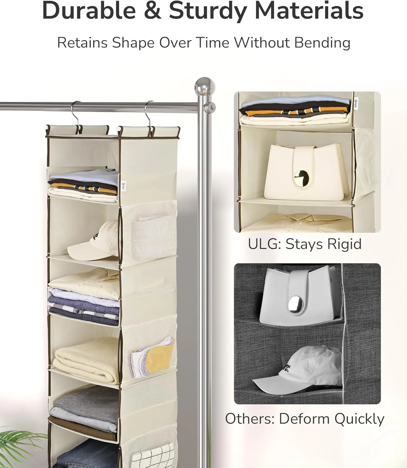 ULG 1 PC Hanging Closet Organizer, 3-in-1 to 6-in-1 Reversible Cloth Hanging Shelves with 6 Side Pockets & 2 Removable Drawers for Wardrobe Clothes Sweater Storage, Foldable, Ivory