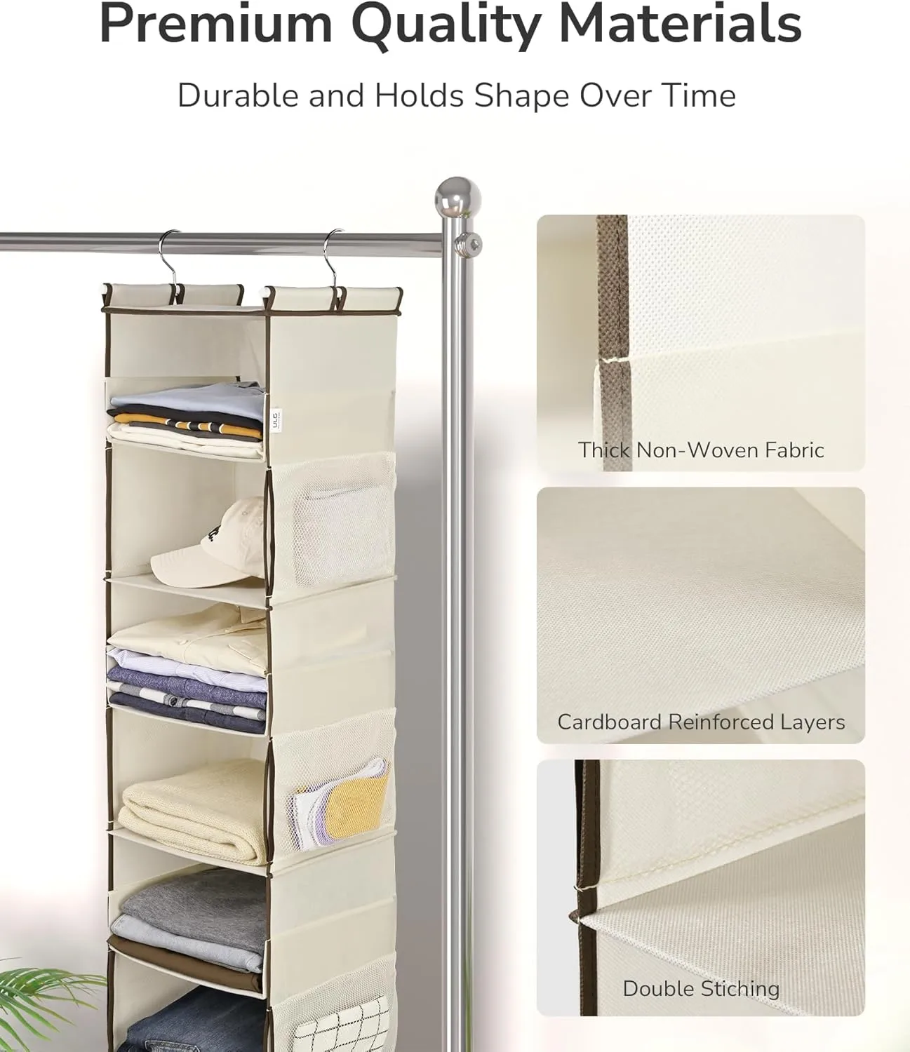 ULG 1 PC Hanging Closet Organizer, 3-in-1 to 6-in-1 Reversible Cloth Hanging Shelves with 6 Side Pockets & 2 Removable Drawers for Wardrobe Clothes Sweater Storage, Foldable, Ivory