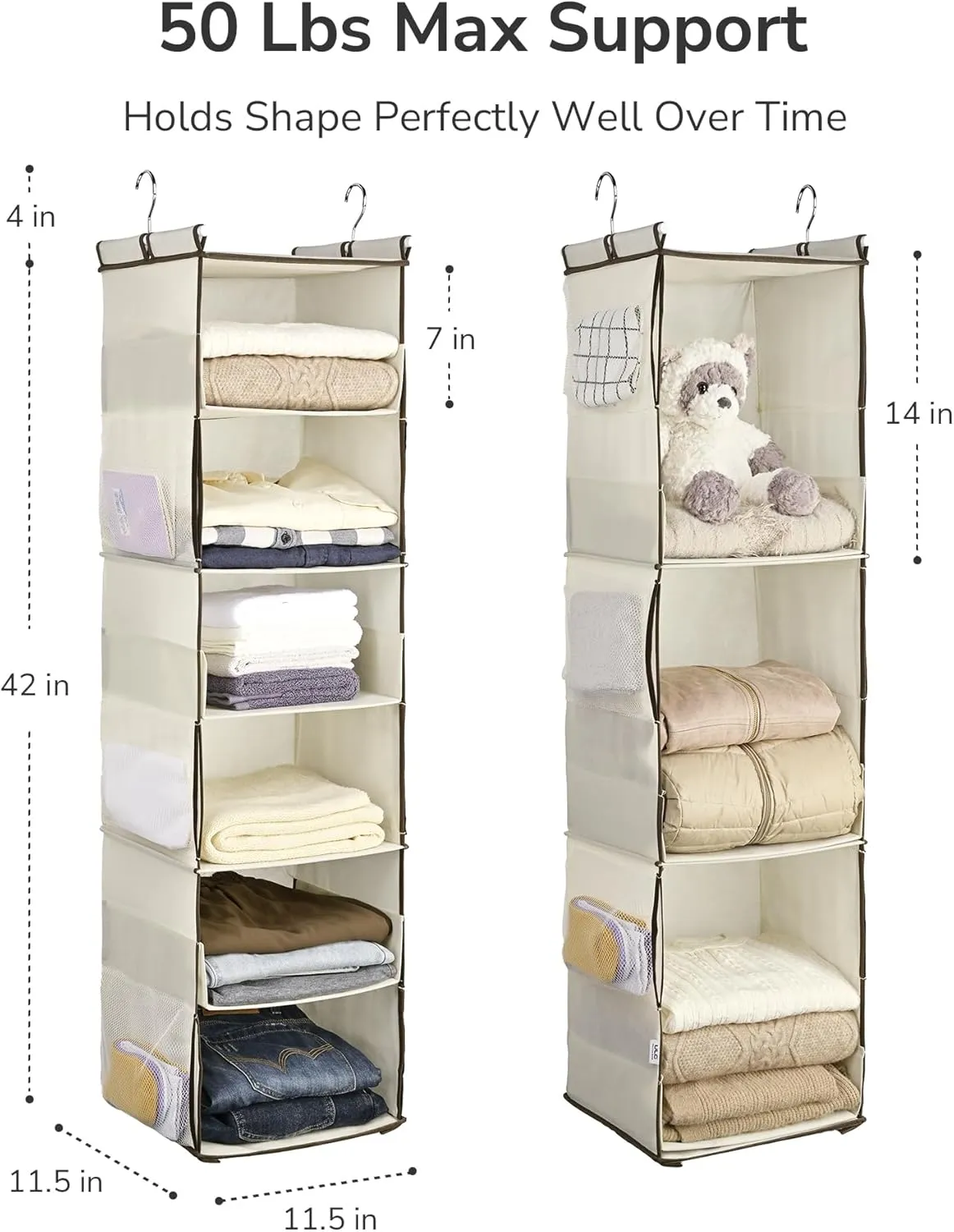 ULG 1 PC Hanging Closet Organizer, 3-in-1 to 6-in-1 Reversible Cloth Hanging Shelves with 6 Side Pockets & 2 Removable Drawers for Wardrobe Clothes Sweater Storage, Foldable, Ivory
