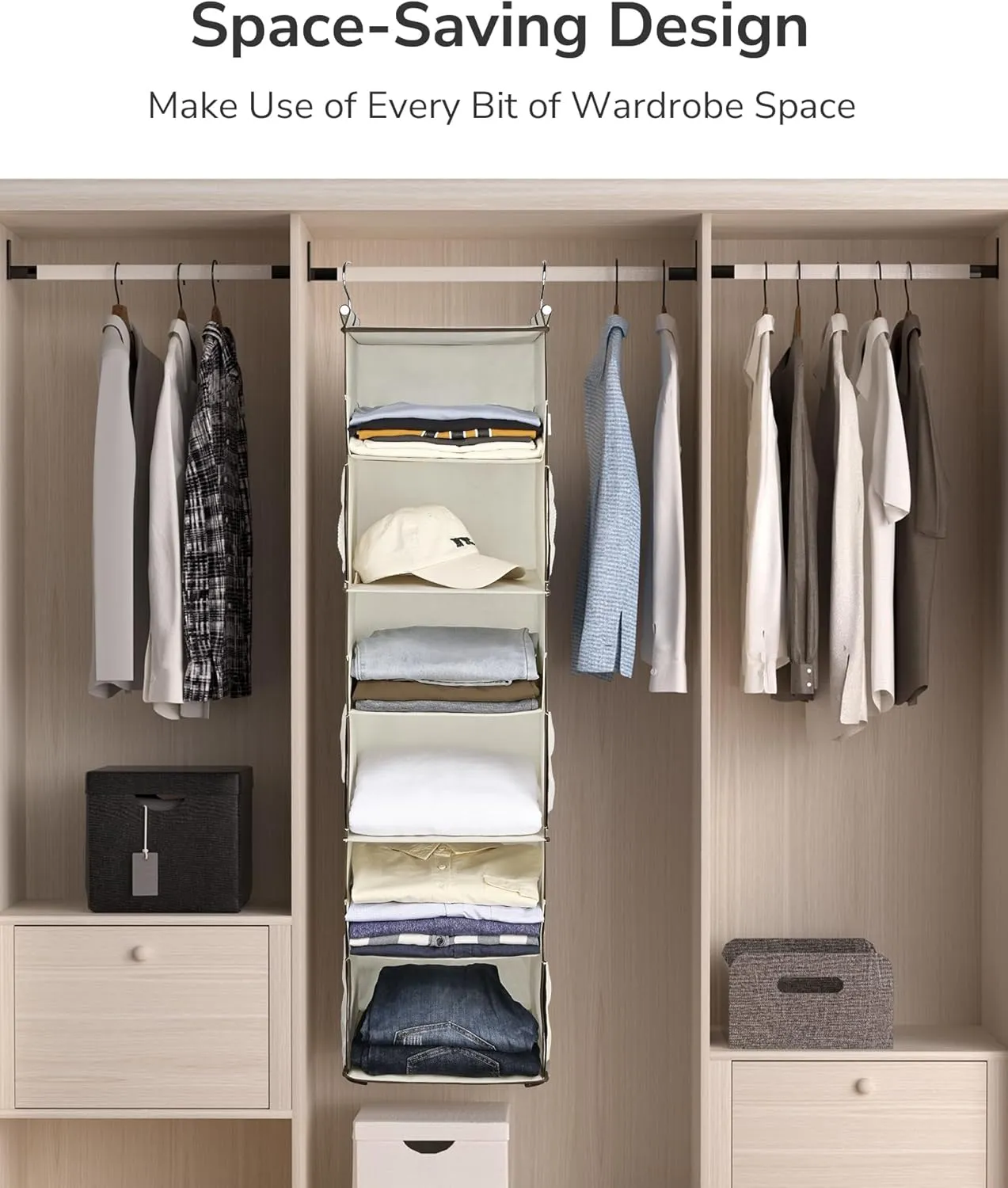 ULG 1 PC Hanging Closet Organizer, 3-in-1 to 6-in-1 Reversible Cloth Hanging Shelves with 6 Side Pockets & 2 Removable Drawers for Wardrobe Clothes Sweater Storage, Foldable, Ivory