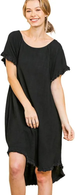 Umgee Lovable High Low! Linen and Cotton Frayed Hem Dress (Black, X-Large)