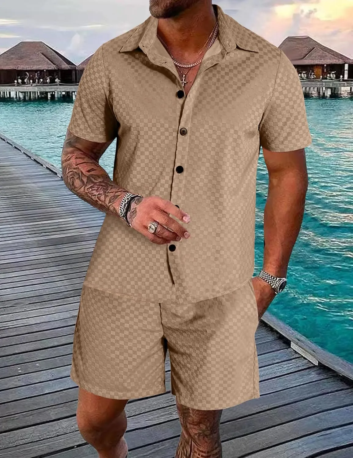 UOUA Mens Velour Tracksuit 2 Piece Outfits Short Sleeve Button Down Shirt and Short Sets Casual Sweatsuits