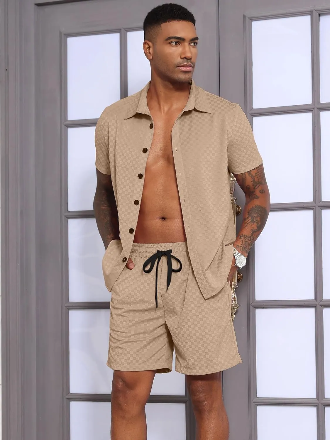 UOUA Mens Velour Tracksuit 2 Piece Outfits Short Sleeve Button Down Shirt and Short Sets Casual Sweatsuits