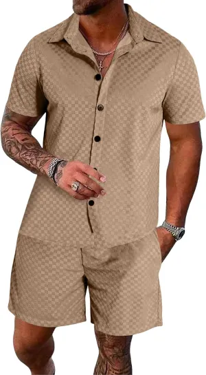 UOUA Mens Velour Tracksuit 2 Piece Outfits Short Sleeve Button Down Shirt and Short Sets Casual Sweatsuits