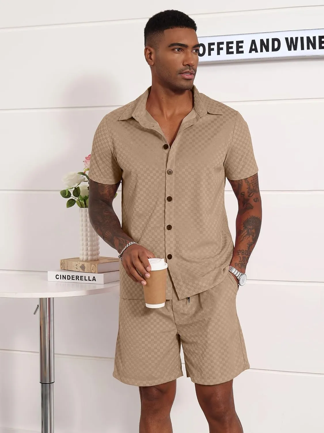 UOUA Mens Velour Tracksuit 2 Piece Outfits Short Sleeve Button Down Shirt and Short Sets Casual Sweatsuits