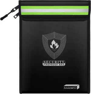 Upgraded Fireproof Document Bag (15.5”x 11.8”) with Reflective Strip, 2 Pockets Fireproof Money Bag Metal Zipper & Strap Fireproof Bag for Documents, Cash,Passport,Jewelry,Valuables