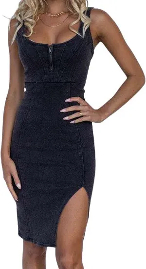utcoco Denim Dress for Women Sleeveless Side Slit Bodycon Midi Jean Dresses for Women 2025