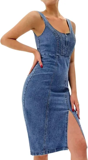 utcoco Denim Dress for Women Sleeveless Side Slit Bodycon Midi Jean Dresses for Women 2025