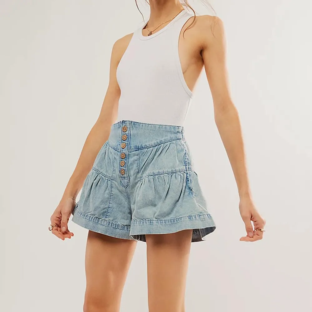 utcoco Women's 2025 Denim Shorts Casual Summer High Waisted Wide Leg Buttons Pleated Ruffle Jean Shorts