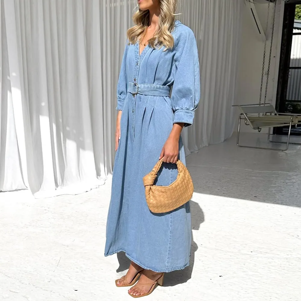 utcoco Womens 2025 Fall Winter Denim Shirt Dress V Neck 3/4 Long Sleeves Button Down Belted Jean Maxi Dresses