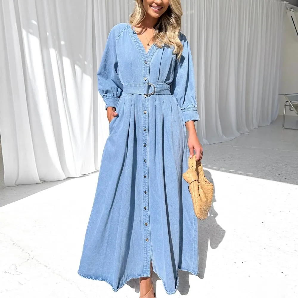 utcoco Womens 2025 Fall Winter Denim Shirt Dress V Neck 3/4 Long Sleeves Button Down Belted Jean Maxi Dresses