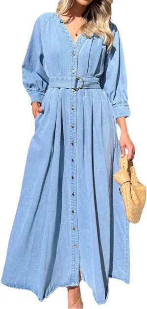utcoco Womens 2025 Fall Winter Denim Shirt Dress V Neck 3/4 Long Sleeves Button Down Belted Jean Maxi Dresses
