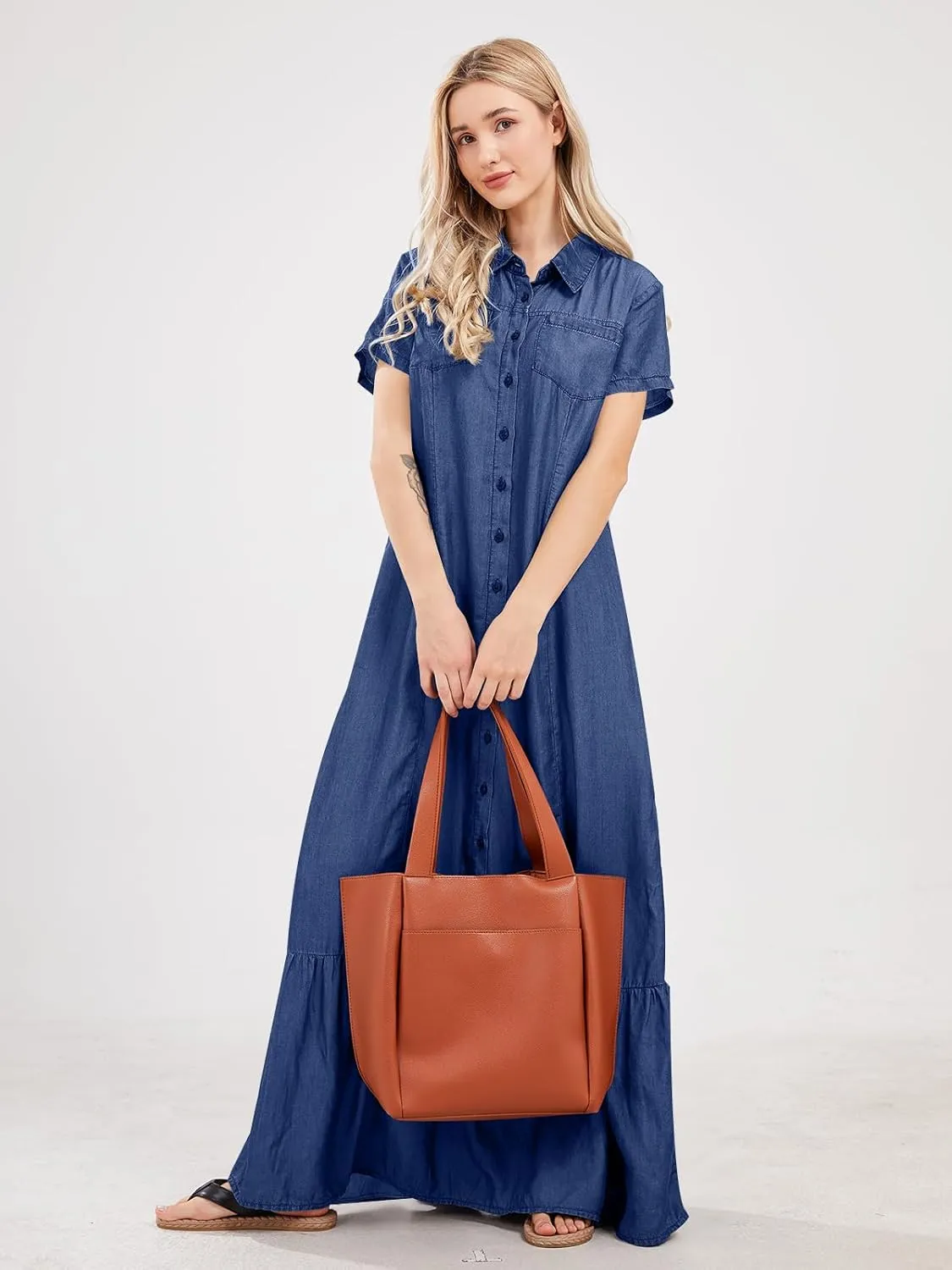 utcoco Womens Short Sleeve Denim Maxi Dress Casual Loose Fit Button Down Long Jean Dresses