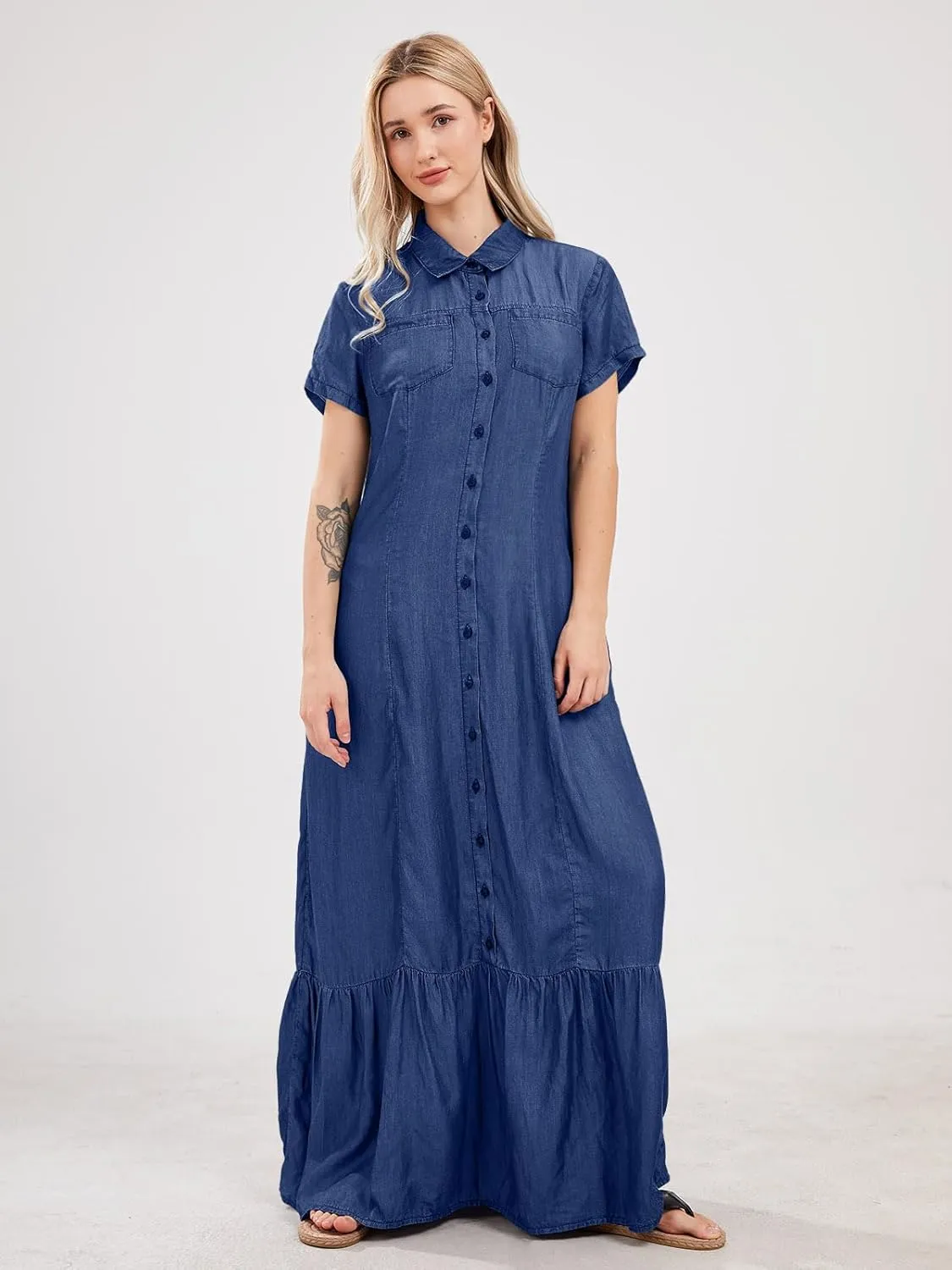 utcoco Womens Short Sleeve Denim Maxi Dress Casual Loose Fit Button Down Long Jean Dresses