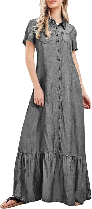 utcoco Womens Short Sleeve Denim Maxi Dress Casual Loose Fit Button Down Long Jean Dresses