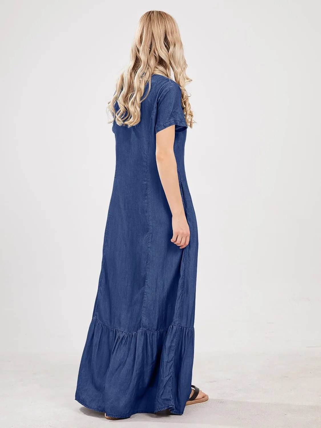 utcoco Womens Short Sleeve Denim Maxi Dress Casual Loose Fit Button Down Long Jean Dresses