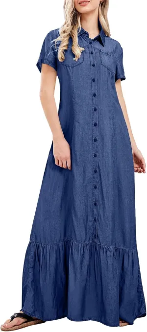 utcoco Womens Short Sleeve Denim Maxi Dress Casual Loose Fit Button Down Long Jean Dresses