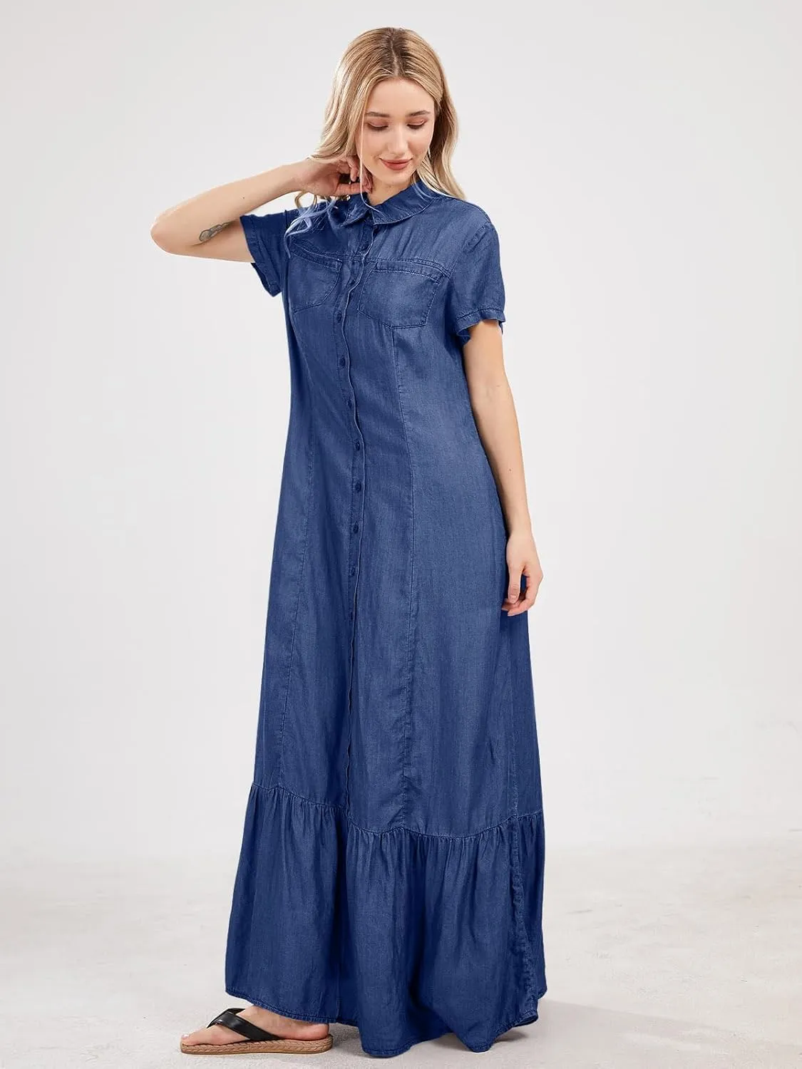utcoco Womens Short Sleeve Denim Maxi Dress Casual Loose Fit Button Down Long Jean Dresses