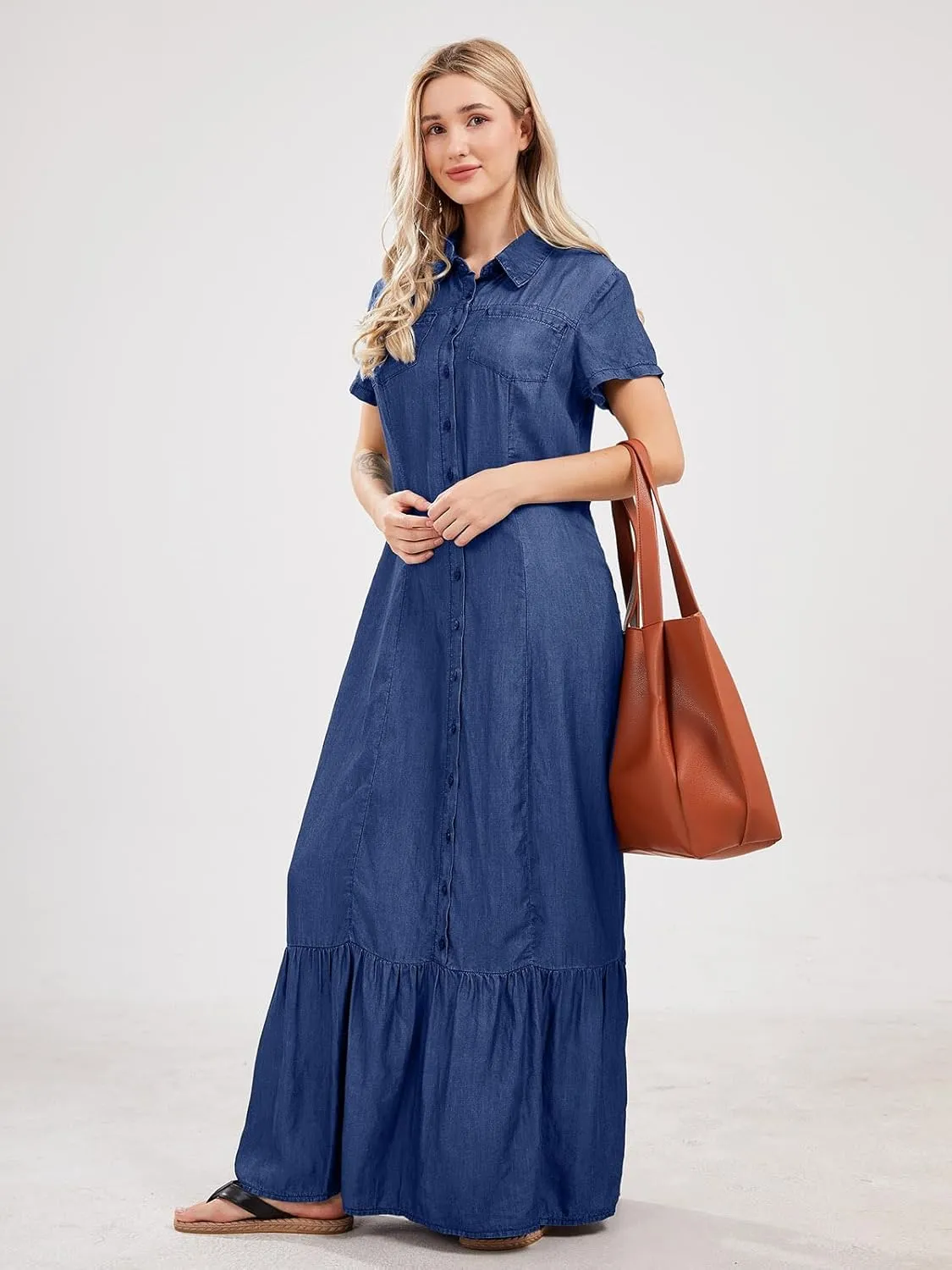 utcoco Womens Short Sleeve Denim Maxi Dress Casual Loose Fit Button Down Long Jean Dresses