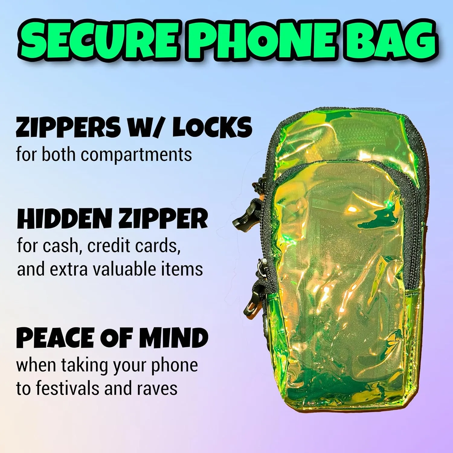 UV Green Yellow Vers Murse Phone Bag Fanny Pack for Men - Clear Bag with Secure Phone Pocket - Perfect Rave and Festival Bag for Party Goers and Ravers (UV Green Yellow Phone Bag)